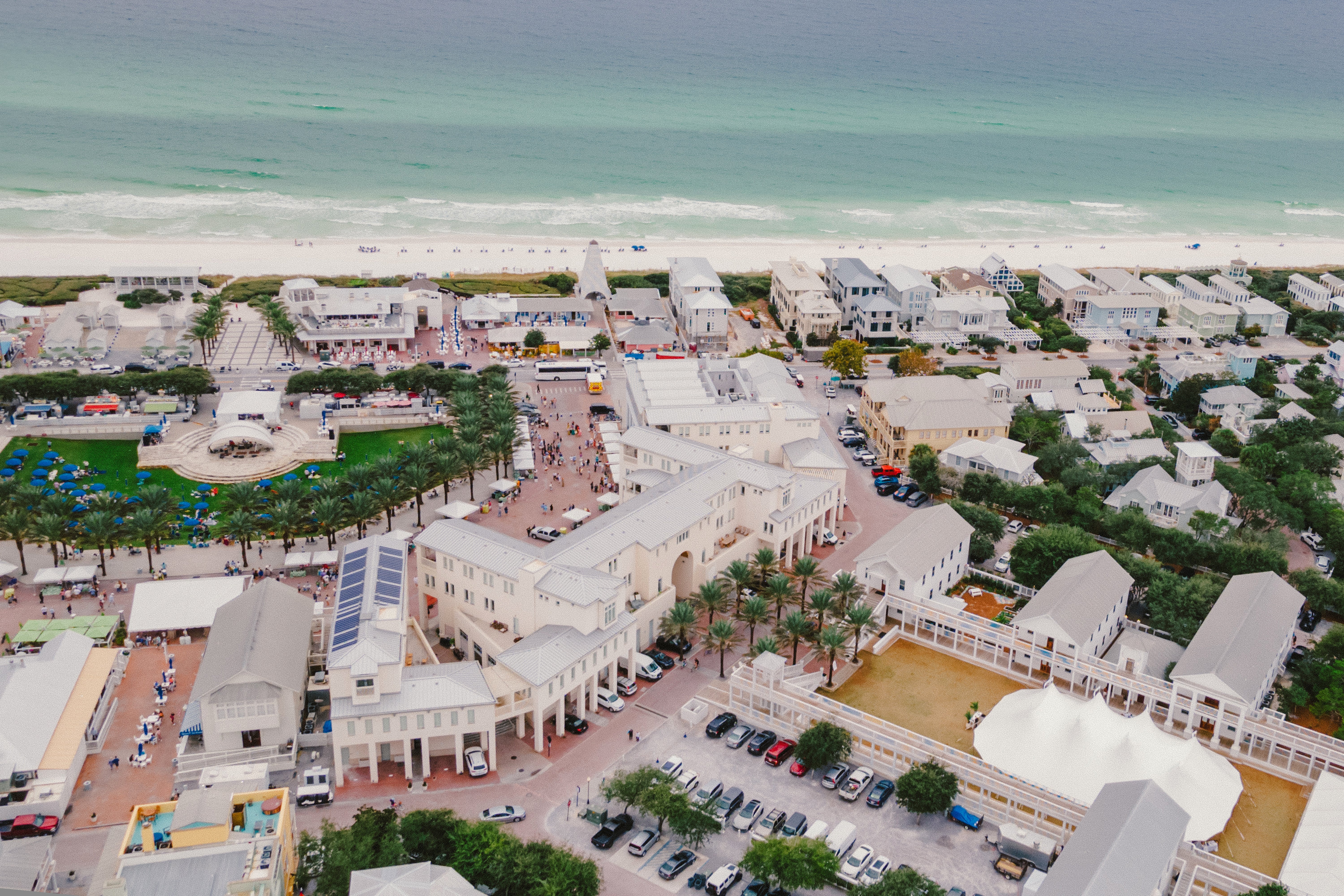 An aerial view of public parking spaces in Seaside, Florida.
